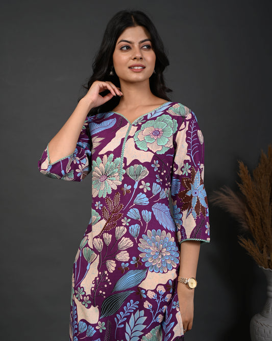 Rimeline Floral Screen Printed Sweetheart Neck Pure Cotton Straight Kurta