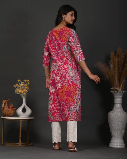 Rimeline Floral Screen Printed Sweetheart Neck Pure Cotton Straight Kurta