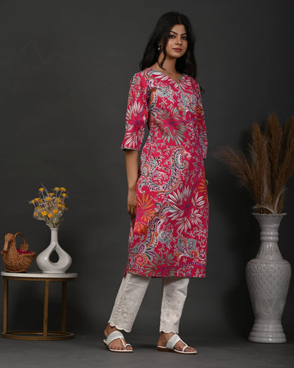 Rimeline Floral Screen Printed Sweetheart Neck Pure Cotton Straight Kurta
