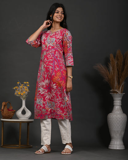 Rimeline Floral Screen Printed Sweetheart Neck Pure Cotton Straight Kurta