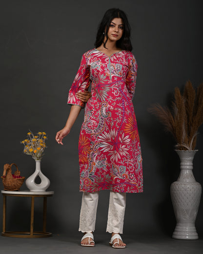 Rimeline Floral Screen Printed Sweetheart Neck Pure Cotton Straight Kurta