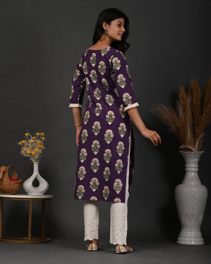 Rimeline Floral Screen Printed Notch Neck Pure Cotton Straight Kurta