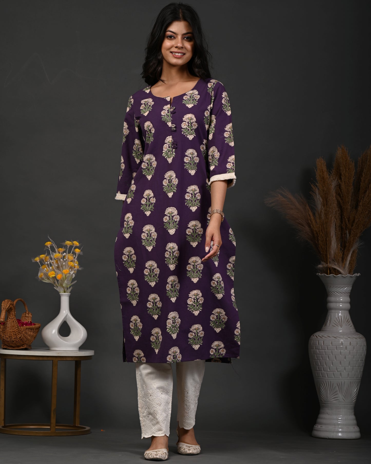 Rimeline Floral Screen Printed Notch Neck Pure Cotton Straight Kurta