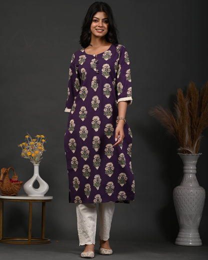Rimeline Floral Screen Printed Notch Neck Pure Cotton Straight Kurta