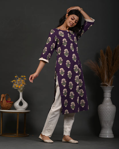 Rimeline Floral Screen Printed Notch Neck Pure Cotton Straight Kurta
