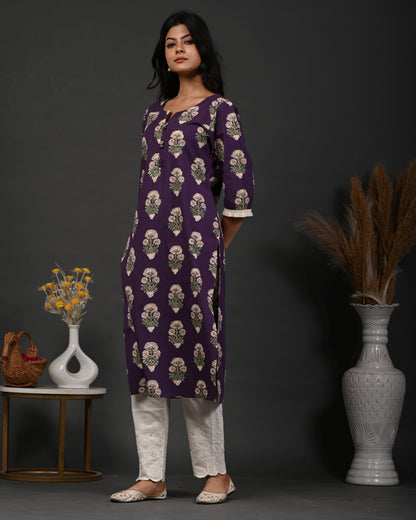 Rimeline Floral Screen Printed Notch Neck Pure Cotton Straight Kurta