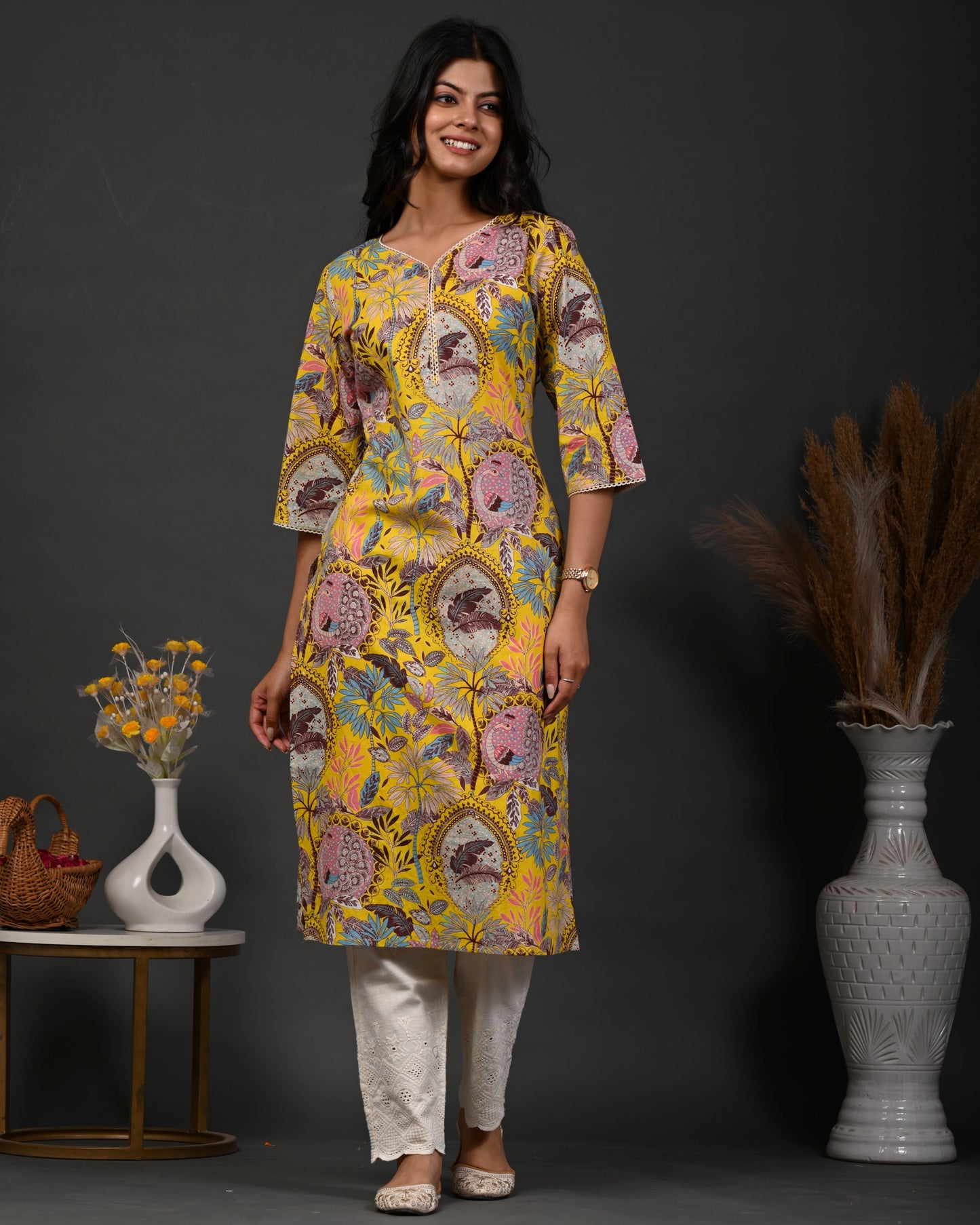 Rimeline Floral Screen Printed Sweetheart Neck Pure Cotton Straight Kurta