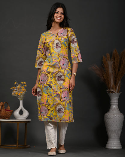 Rimeline Floral Screen Printed Sweetheart Neck Pure Cotton Straight Kurta