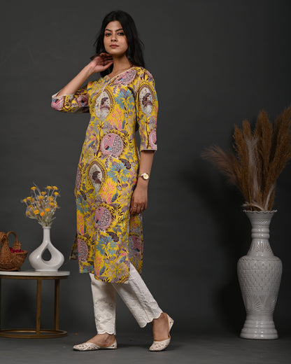 Rimeline Floral Screen Printed Sweetheart Neck Pure Cotton Straight Kurta