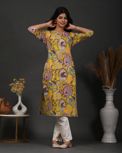 Rimeline Floral Screen Printed Sweetheart Neck Pure Cotton Straight Kurta