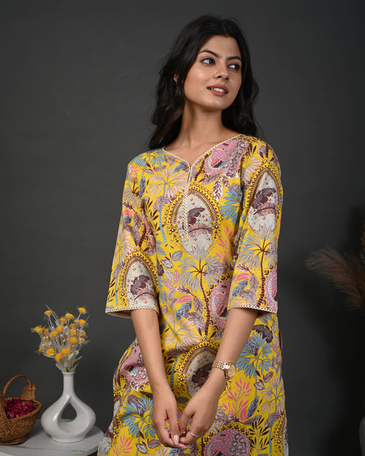 Rimeline Floral Screen Printed Sweetheart Neck Pure Cotton Straight Kurta