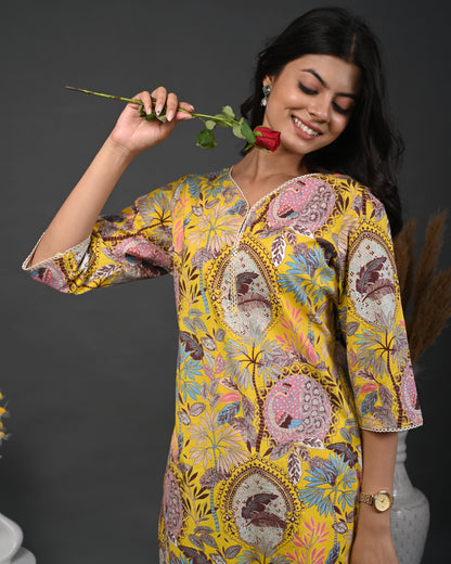 Rimeline Floral Screen Printed Sweetheart Neck Pure Cotton Straight Kurta