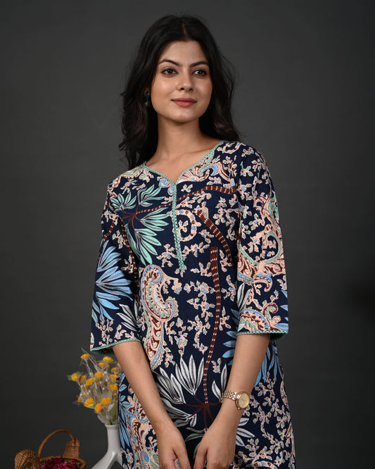 Rimeline Floral Screen Printed Sweetheart Neck Pure Cotton Straight Kurta