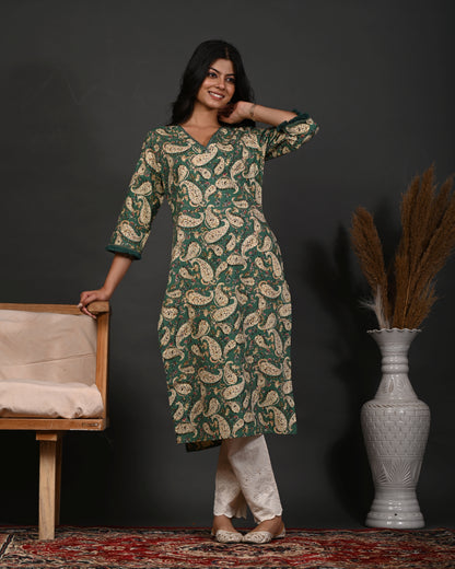 Rimeline Floral Printed V-Neck Cotton Straight Kurta