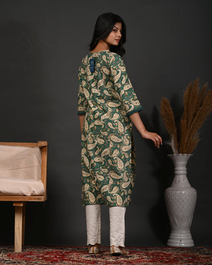 Rimeline Floral Printed V-Neck Cotton Straight Kurta