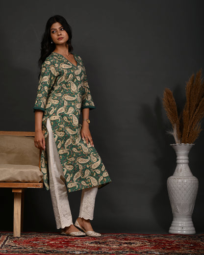 Rimeline Floral Printed V-Neck Cotton Straight Kurta