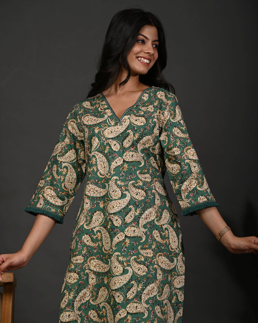 Rimeline Floral Printed V-Neck Cotton Straight Kurta
