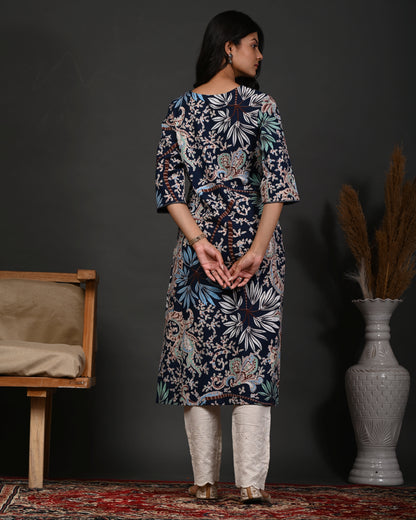 Rimeline Floral Screen Printed Square Neck Pure Cotton Straight Kurta