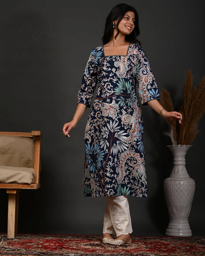 Rimeline Floral Screen Printed Square Neck Pure Cotton Straight Kurta