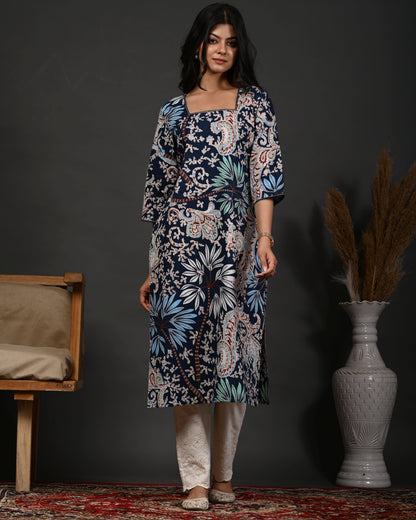 Rimeline Floral Screen Printed Square Neck Pure Cotton Straight Kurta