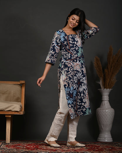 Rimeline Floral Screen Printed Square Neck Pure Cotton Straight Kurta