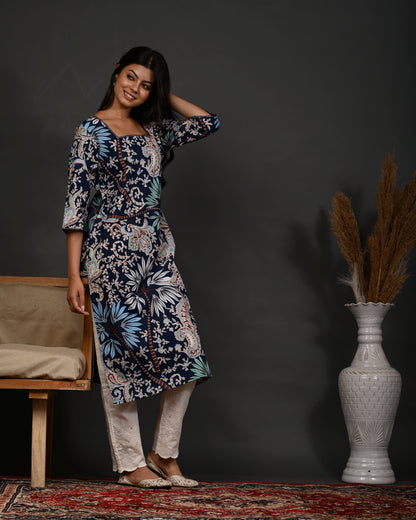 Rimeline Floral Screen Printed Square Neck Pure Cotton Straight Kurta
