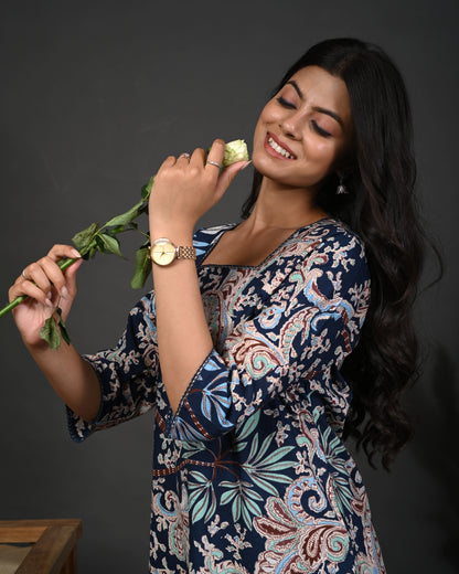 Rimeline Floral Screen Printed Square Neck Pure Cotton Straight Kurta