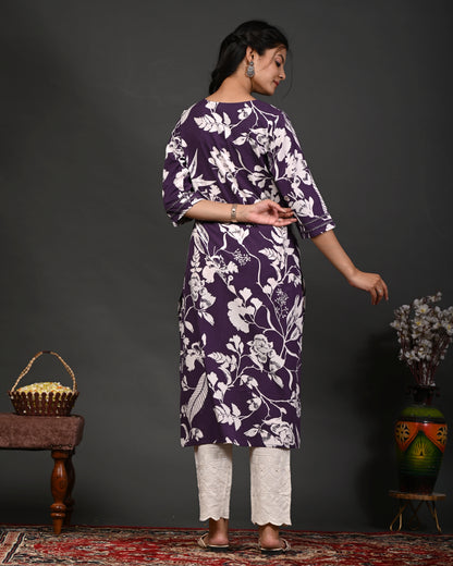 Rimeline Floral Screen Printed Sweetheart Neck Pure Cotton Straight Kurta