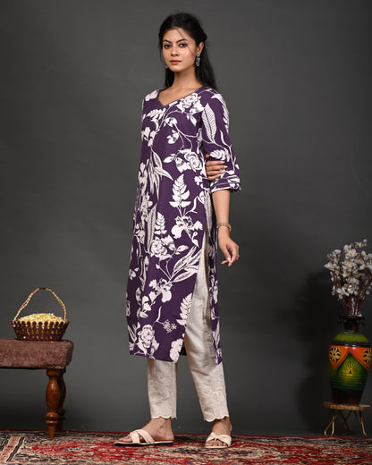 Rimeline Floral Screen Printed Sweetheart Neck Pure Cotton Straight Kurta