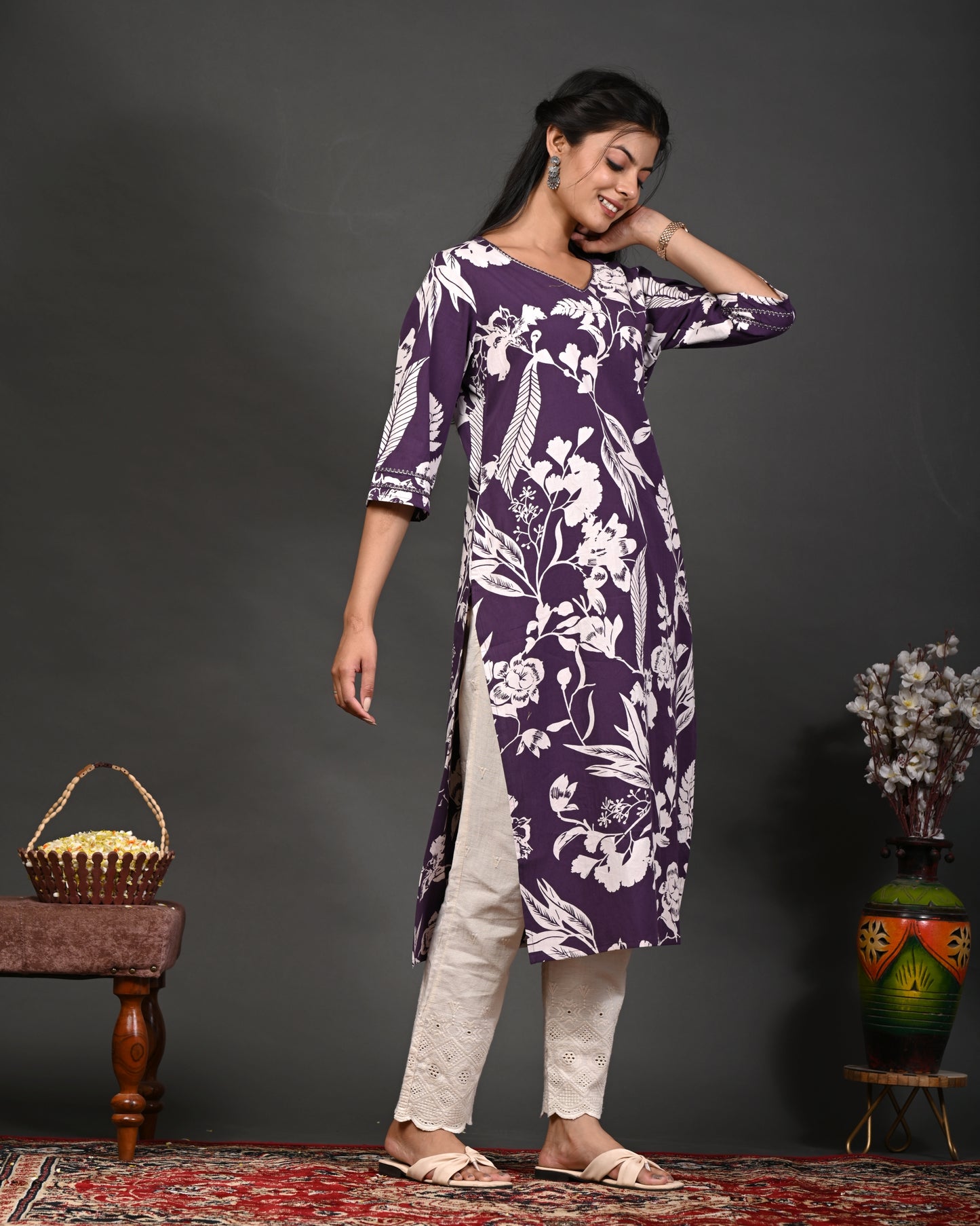 Rimeline Floral Screen Printed Sweetheart Neck Pure Cotton Straight Kurta