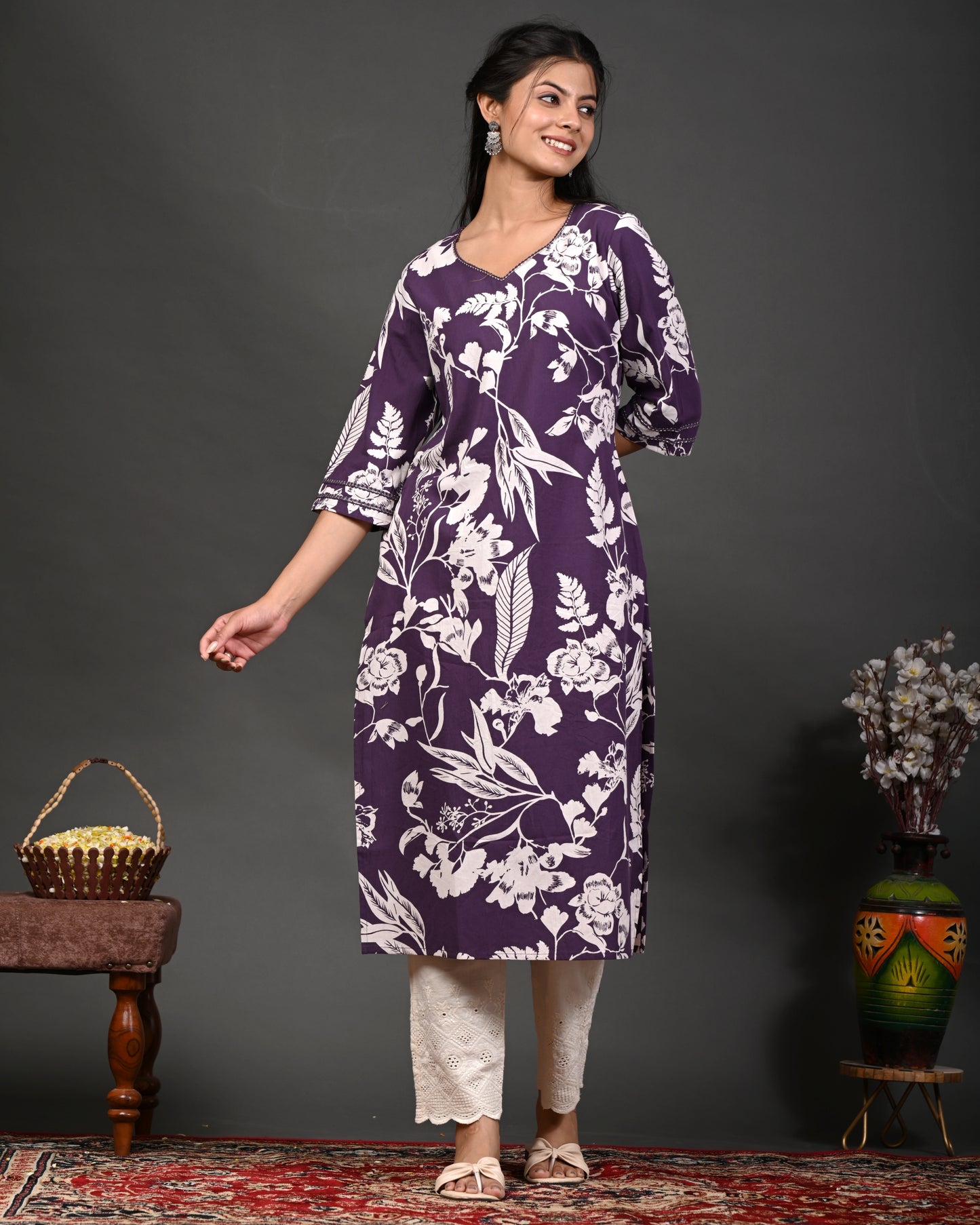 Rimeline Floral Screen Printed Sweetheart Neck Pure Cotton Straight Kurta