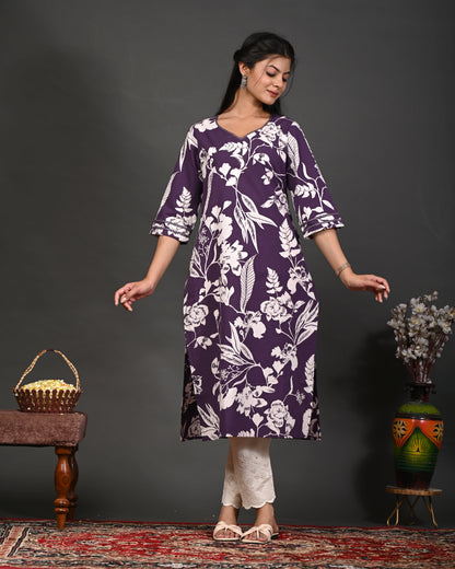 Rimeline Floral Screen Printed Sweetheart Neck Pure Cotton Straight Kurta