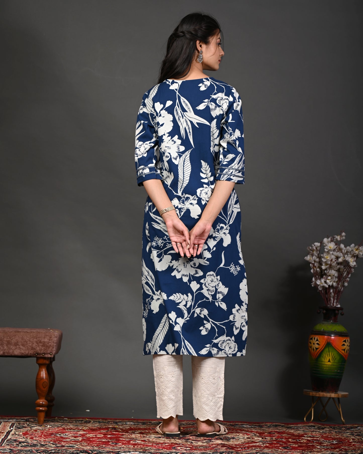 Rimeline Floral Screen Printed Sweetheart Neck Pure Cotton Straight Kurta