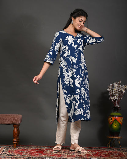Rimeline Floral Screen Printed Sweetheart Neck Pure Cotton Straight Kurta