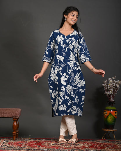 Rimeline Floral Screen Printed Sweetheart Neck Pure Cotton Straight Kurta