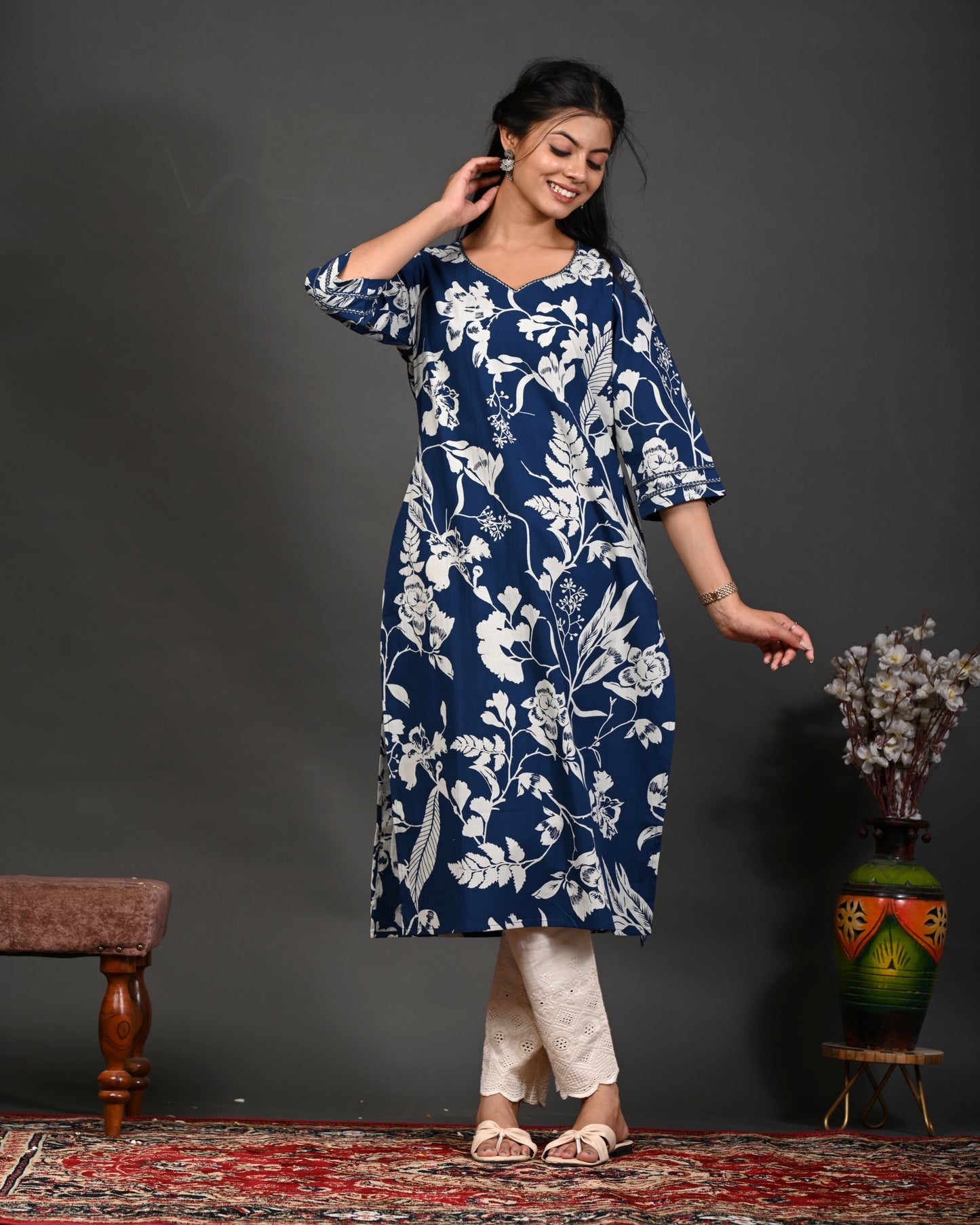 Rimeline Floral Screen Printed Sweetheart Neck Pure Cotton Straight Kurta