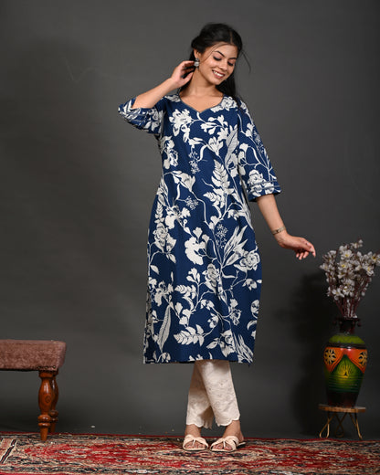 Rimeline Floral Screen Printed Sweetheart Neck Pure Cotton Straight Kurta
