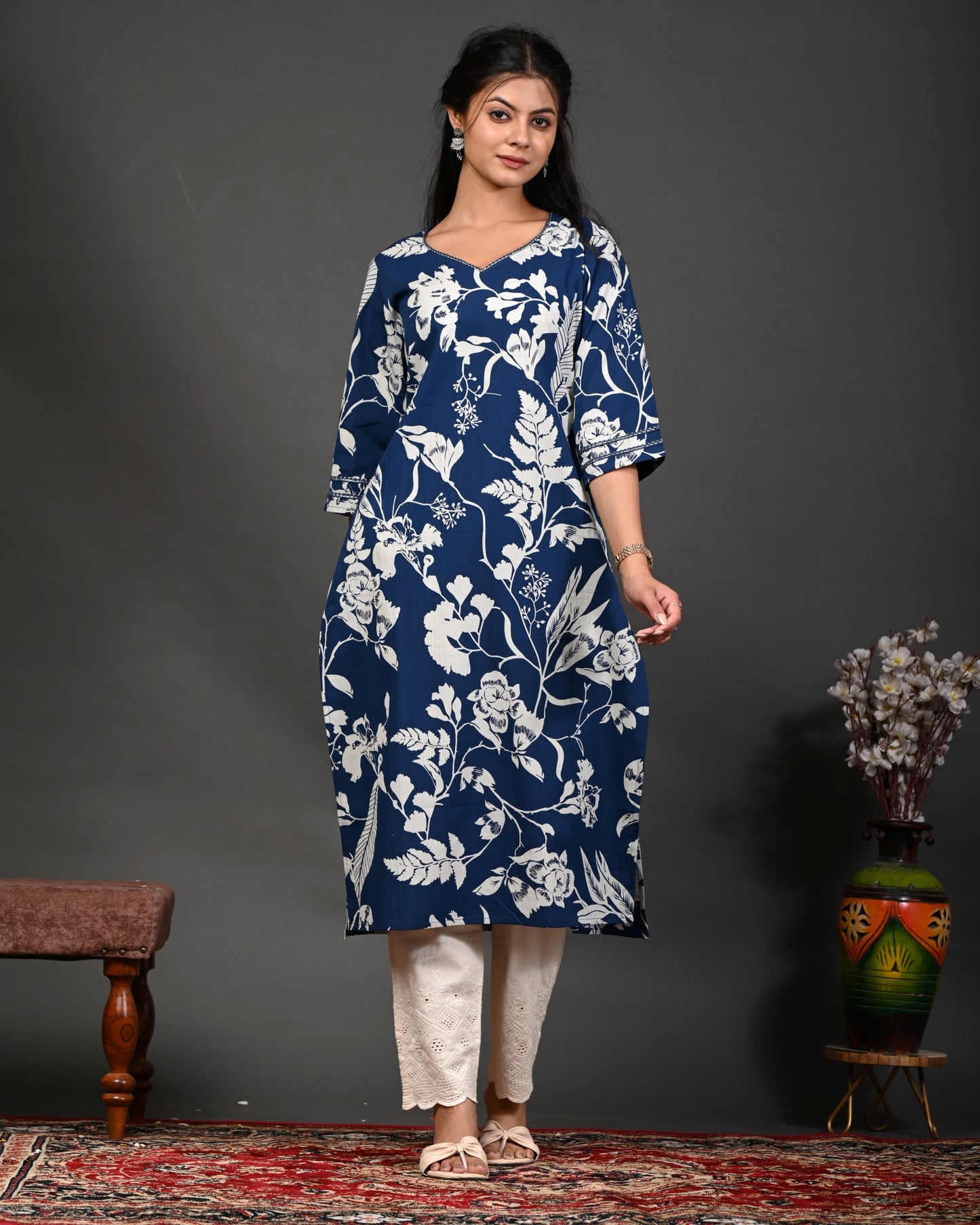 Rimeline Floral Screen Printed Sweetheart Neck Pure Cotton Straight Kurta