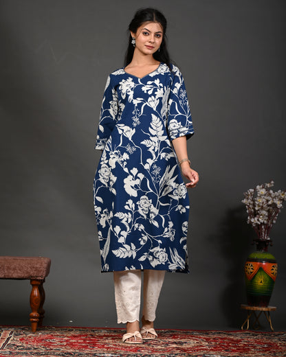 Rimeline Floral Screen Printed Sweetheart Neck Pure Cotton Straight Kurta