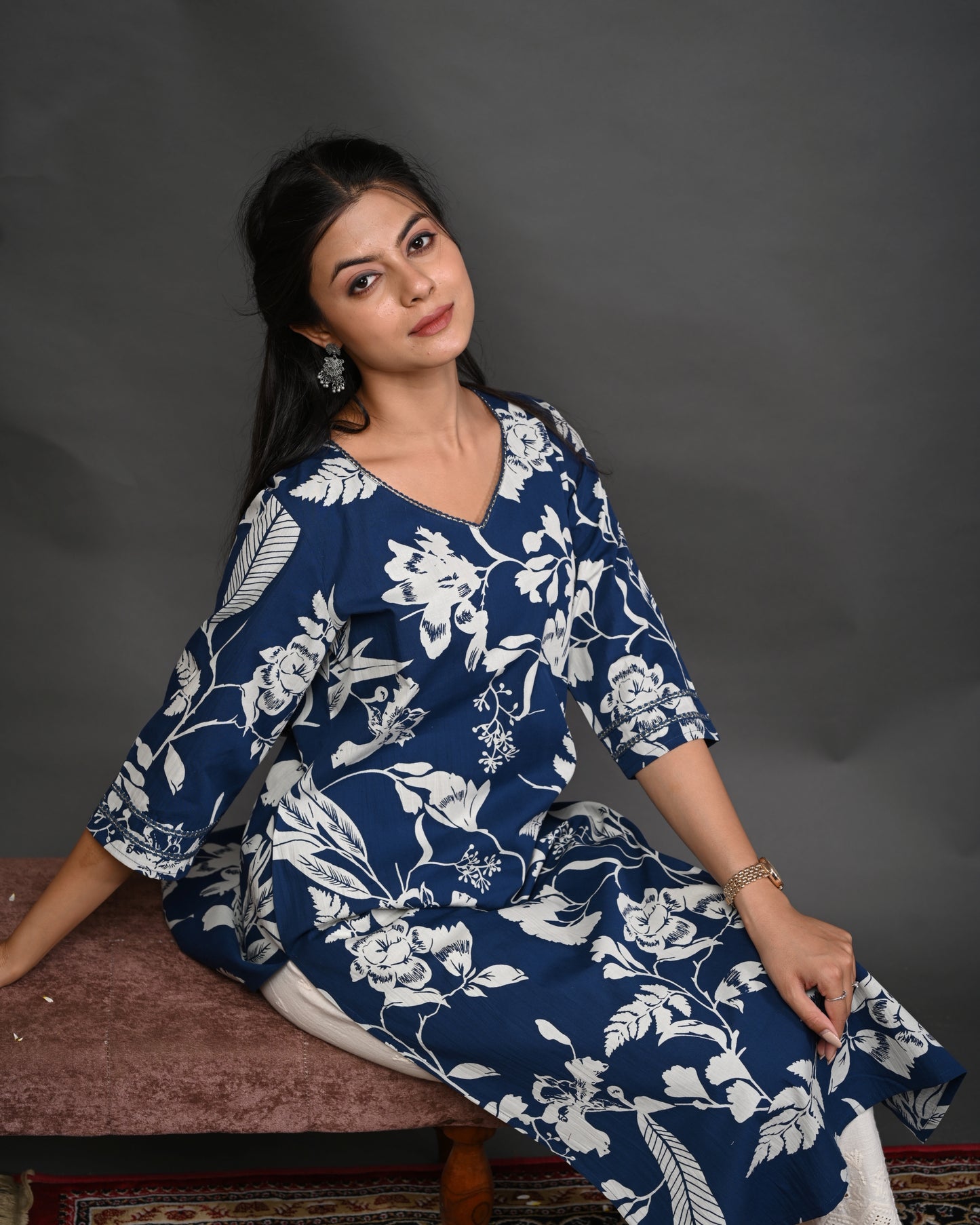 Rimeline Floral Screen Printed Sweetheart Neck Pure Cotton Straight Kurta