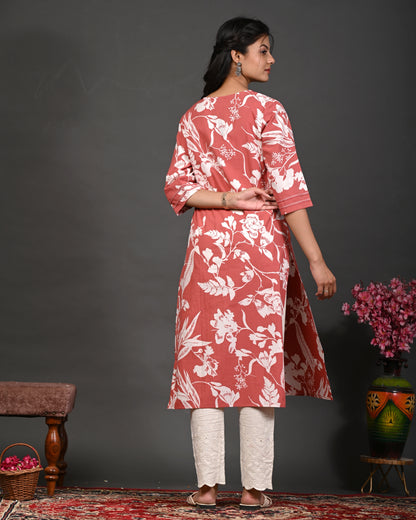 Rimeline Floral Screen Printed Sweetheart Neck Pure Cotton Straight Kurta