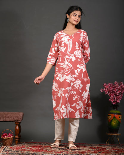 Rimeline Floral Screen Printed Sweetheart Neck Pure Cotton Straight Kurta