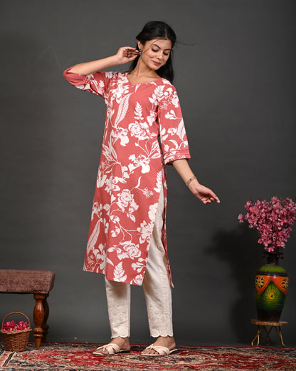 Rimeline Floral Screen Printed Sweetheart Neck Pure Cotton Straight Kurta