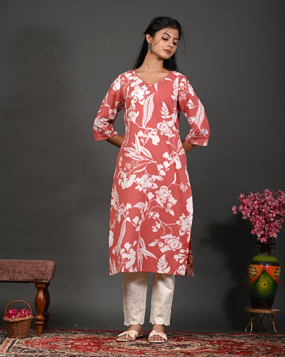Rimeline Floral Screen Printed Sweetheart Neck Pure Cotton Straight Kurta