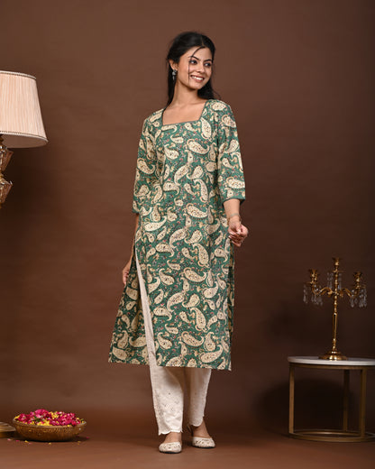 Rimeline Paisley Screen Printed Square Neck Pure Cotton Straight Kurta