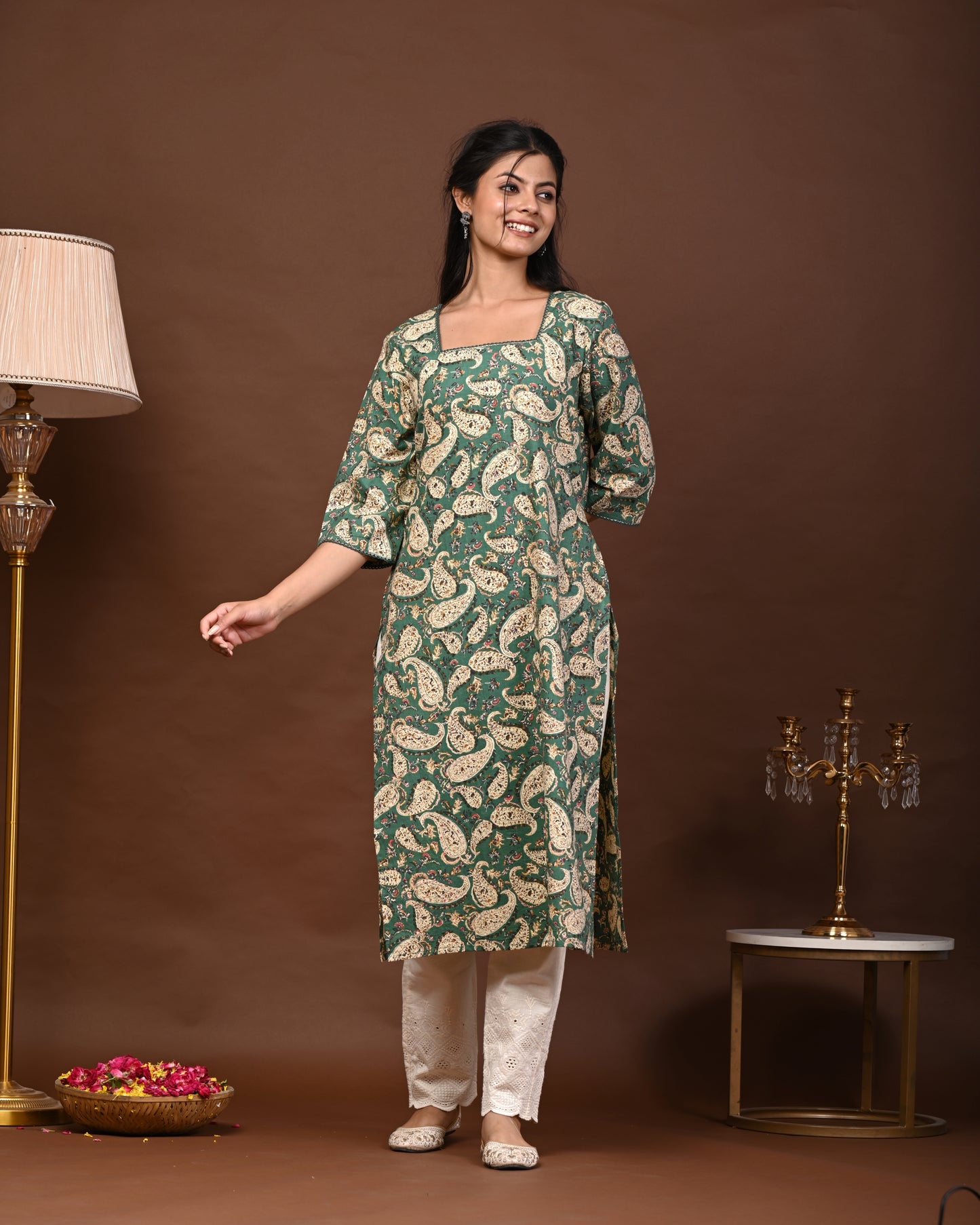 Rimeline Paisley Screen Printed Square Neck Pure Cotton Straight Kurta