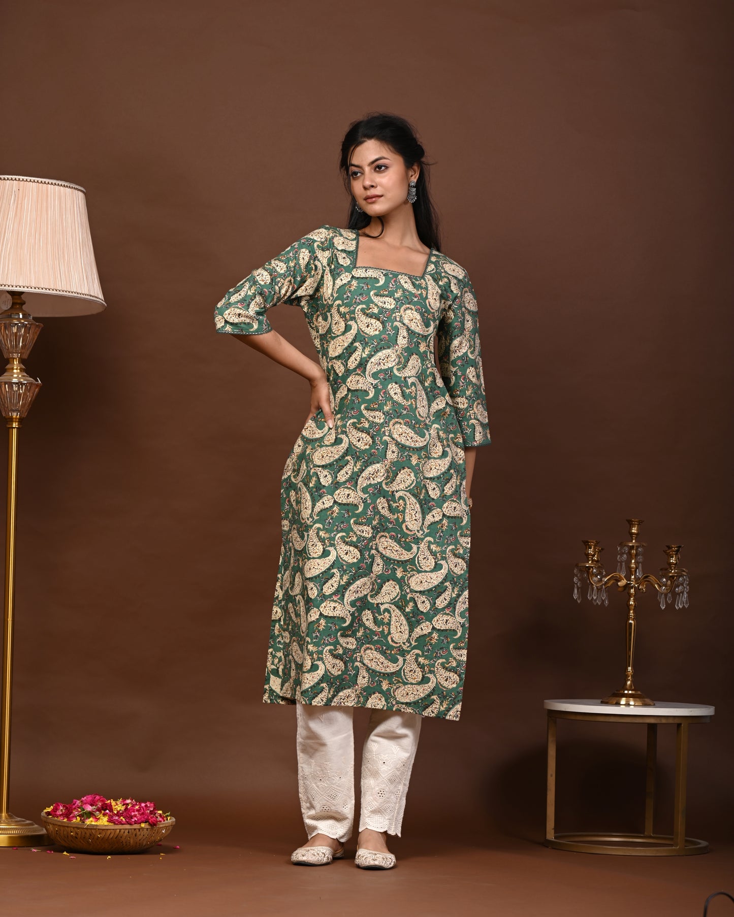 Rimeline Paisley Screen Printed Square Neck Pure Cotton Straight Kurta