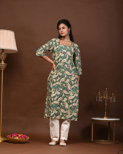 Rimeline Paisley Screen Printed Square Neck Pure Cotton Straight Kurta