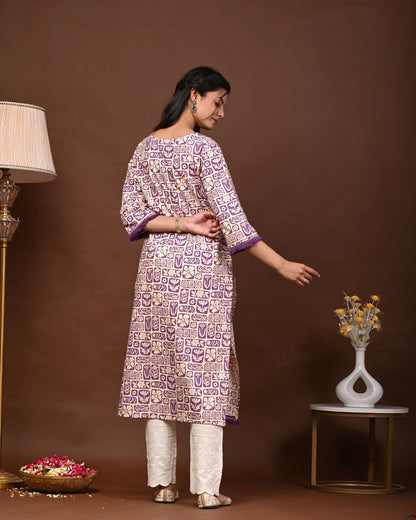 Rimeline Floral Screen Printed Notch Neck Pure Cotton Straight Kurta
