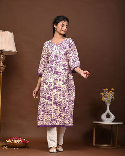 Rimeline Floral Screen Printed Notch Neck Pure Cotton Straight Kurta
